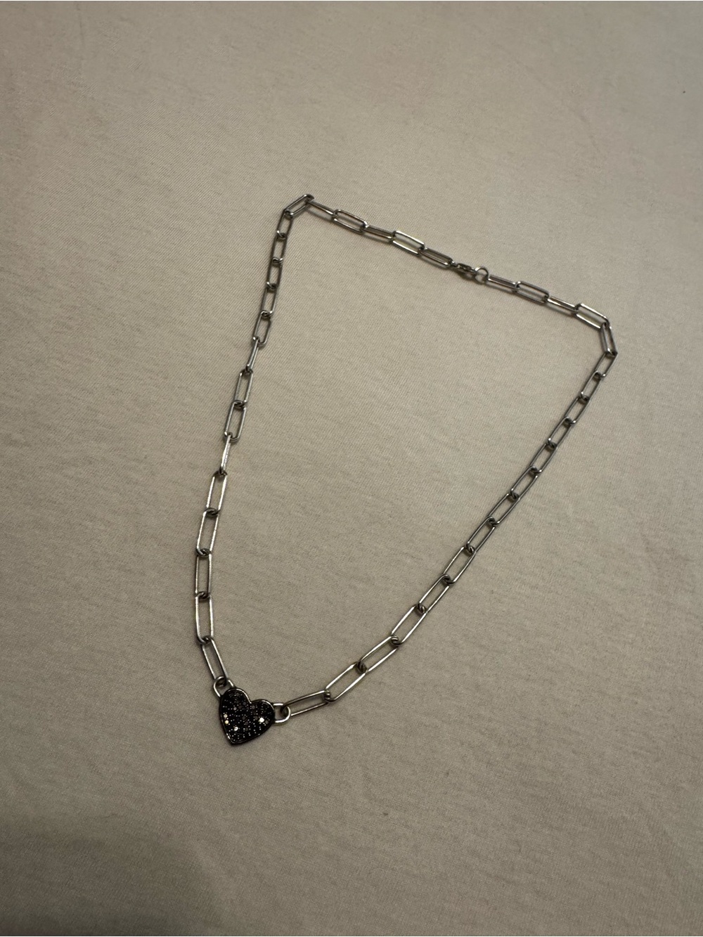 Silver Paperclip Necklace with Black Pave Heart Pendant